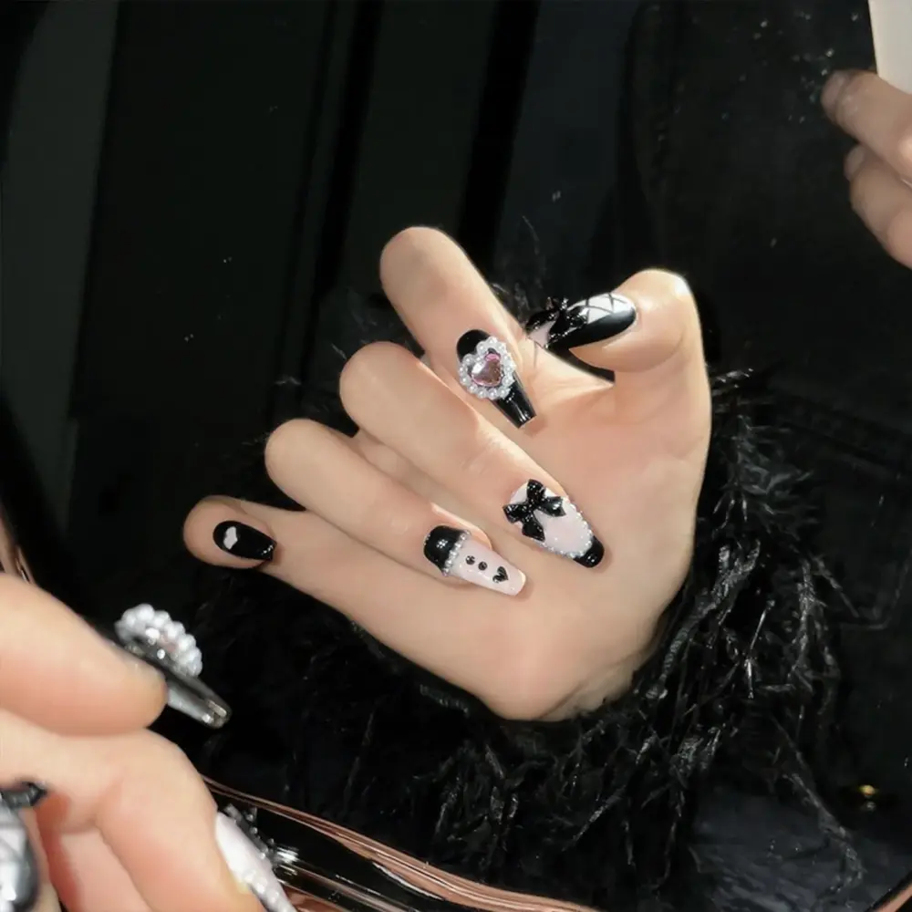 10pcs ✨ Noir Amour – Handmade Luxury Press-On Nails | Long Ballerina Coffin Pink & Black Heart Design with 3D Bows ✨ - Image 4