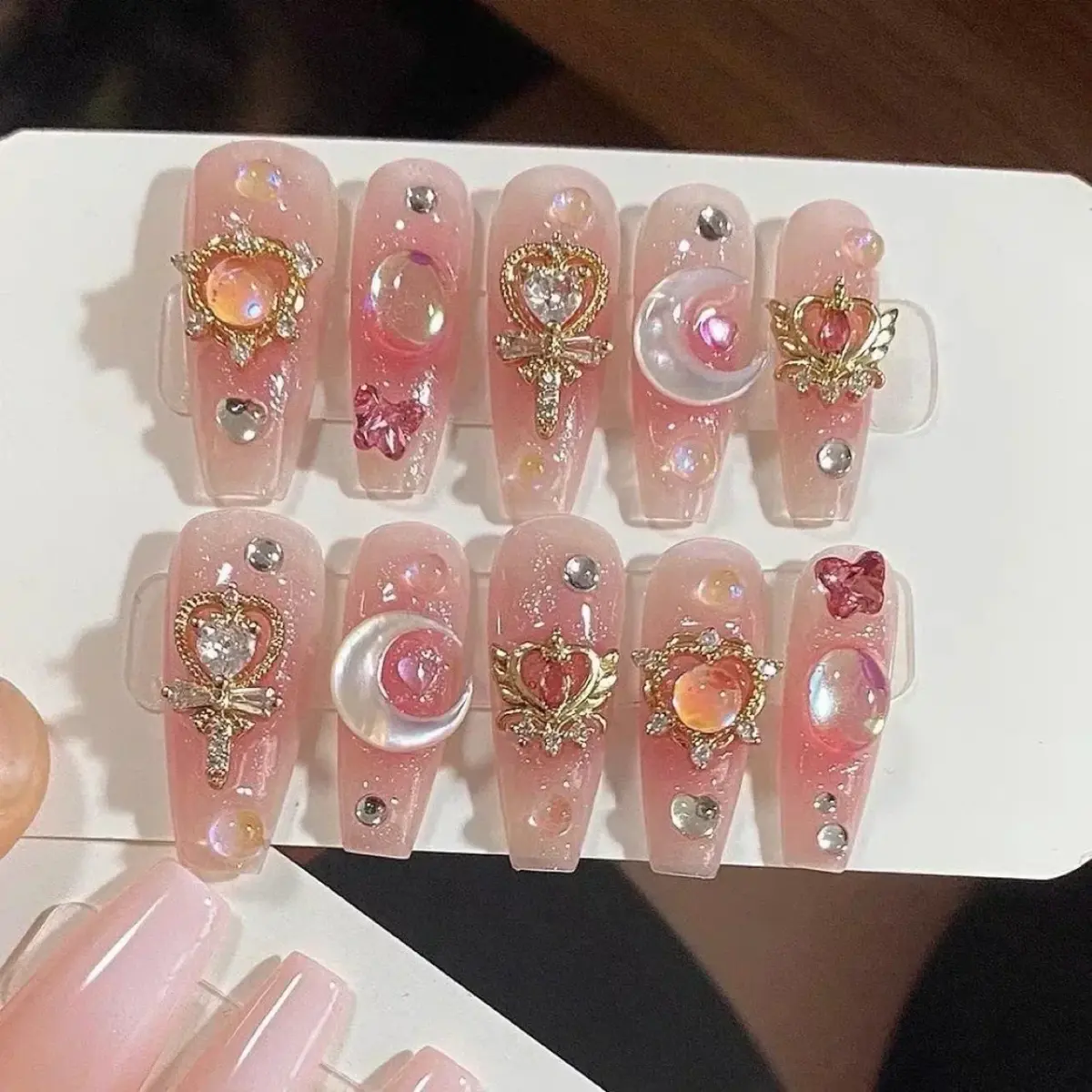 10Pcs Moonlit Tides – Long Ballerina Blue Press‑On Gel Nails with 3D Moon & Rhinestones | Nails Luxe - Image 4