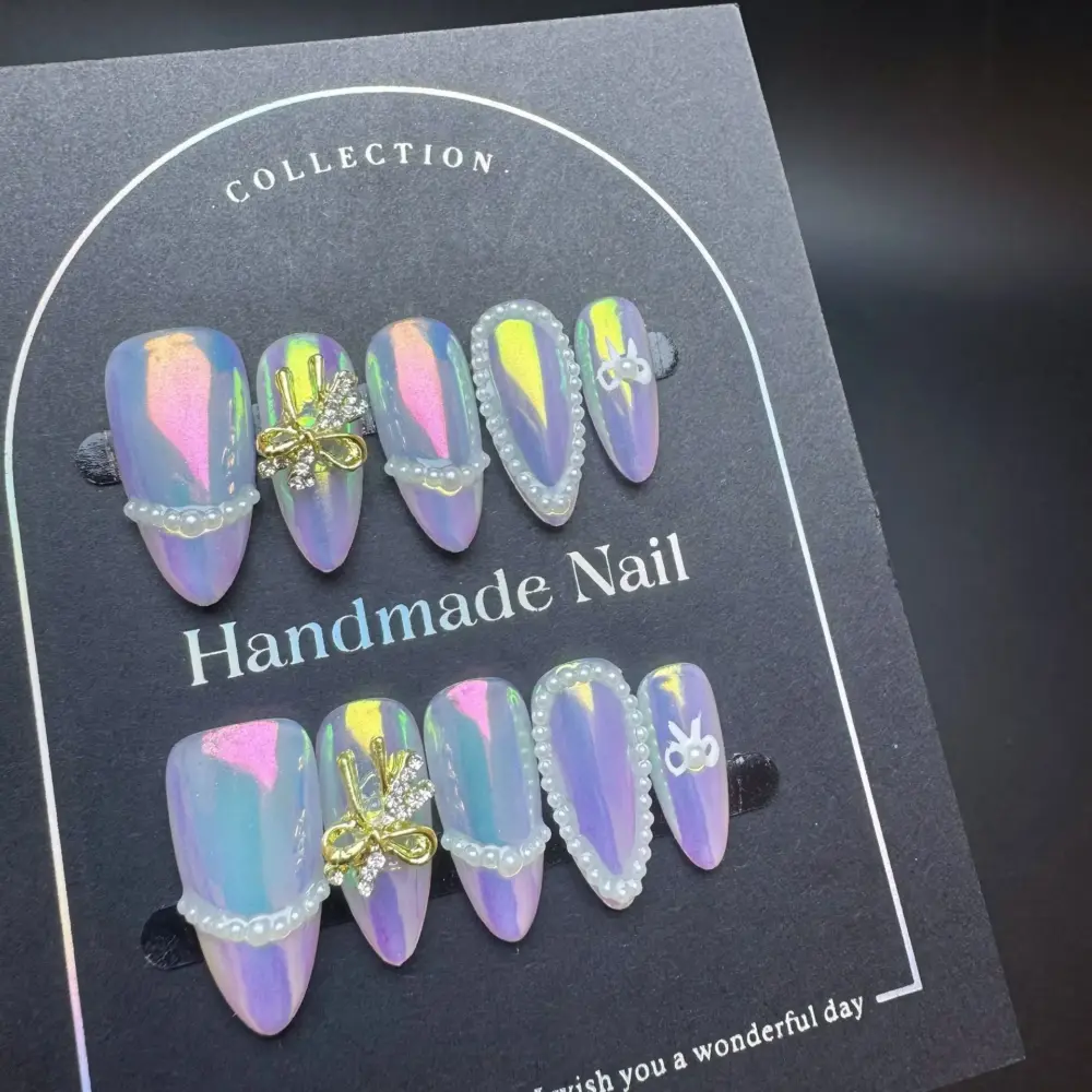 10pcs ✨ Golden Éclat – Luxury French Almond Press-On Nails | Handmade Nude with Metallic White Edge & 3D Floral Accents, Reusable Elegant Set ✨ - Image 7