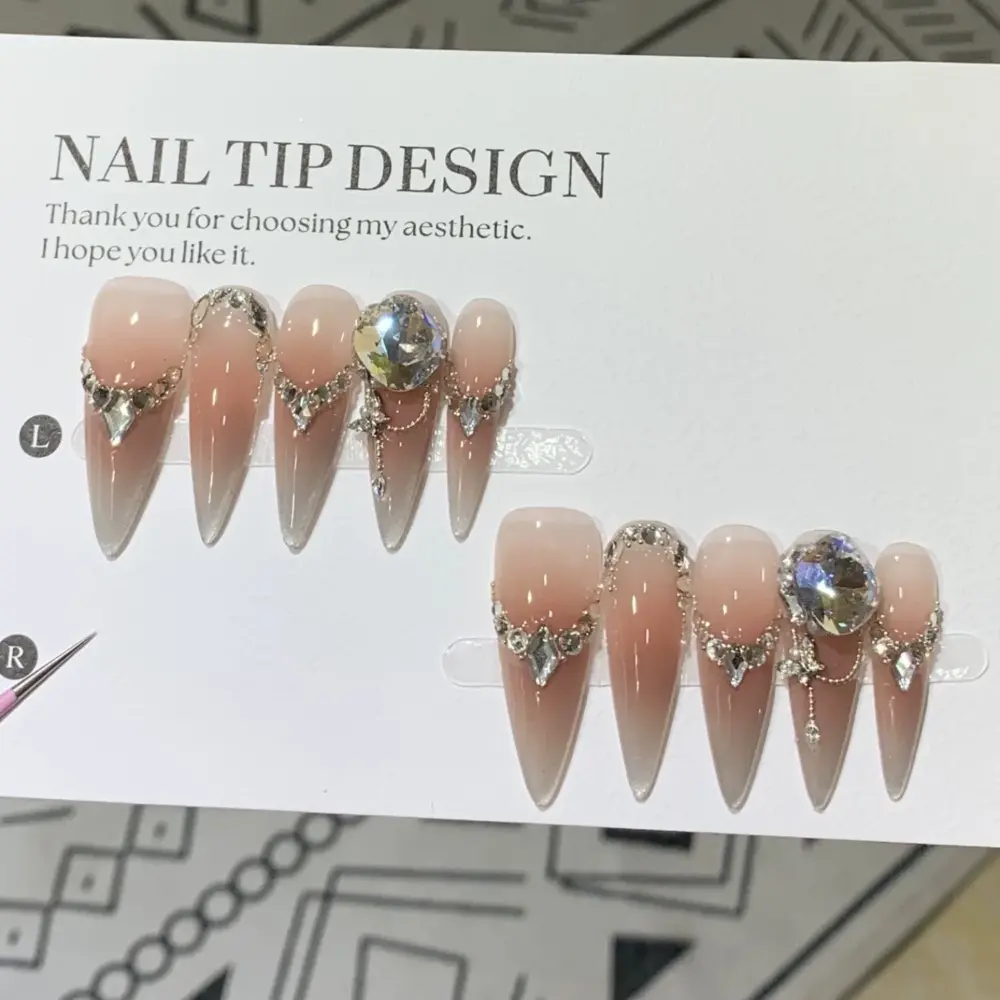 10Pcs✨ Crystal Veil – Luxury Almond Press-On Nails | Handmade Nude Cat-Eye with Silver Rhinestone Accents, Reusable Elegant Set ✨ - Image 8