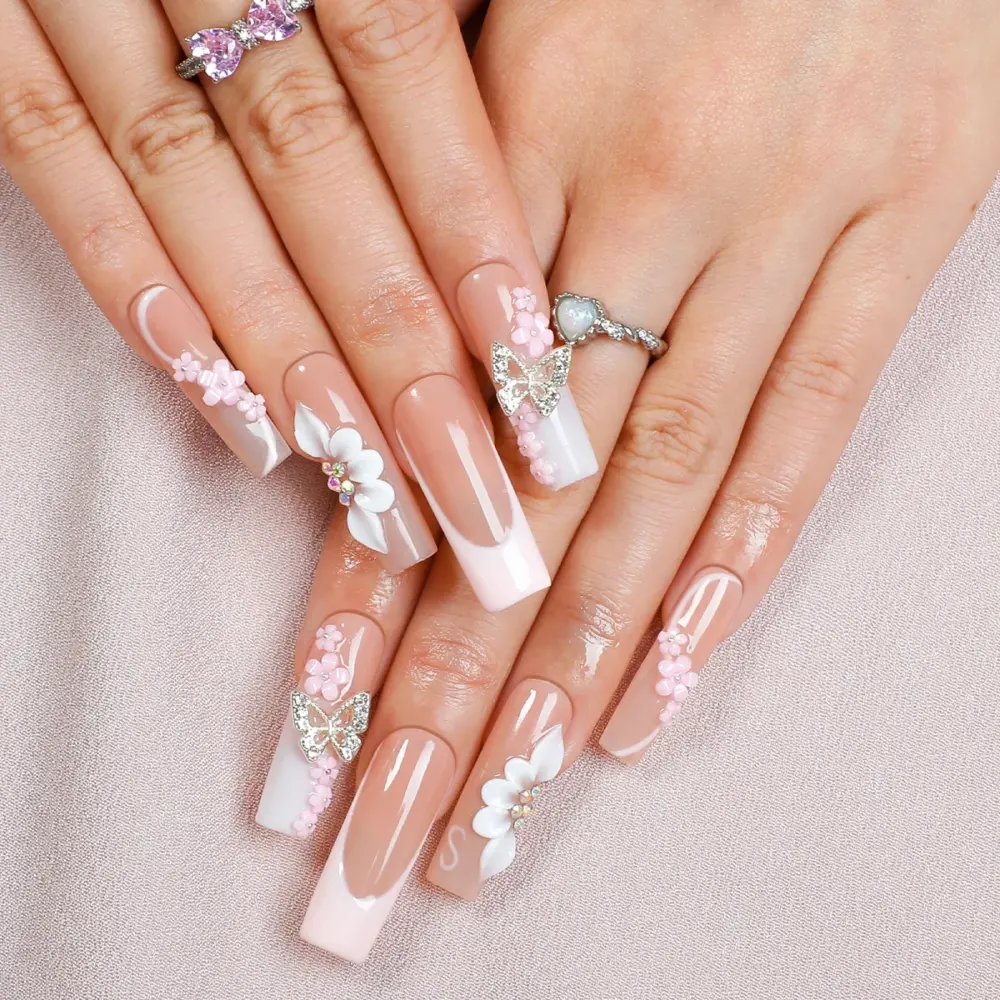 10pcs 🌸 Pink French Butterfly Nails – 10pcs Uñas Postizas Hechas a Mano con Flores y Diamantes 🦋💎 - Image 3
