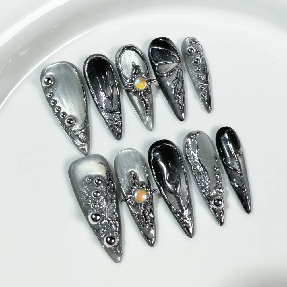 10Pcs✨ Crystal Veil – Luxury Almond Press-On Nails | Handmade Nude Cat-Eye with Silver Rhinestone Accents, Reusable Elegant Set ✨ - Image 7