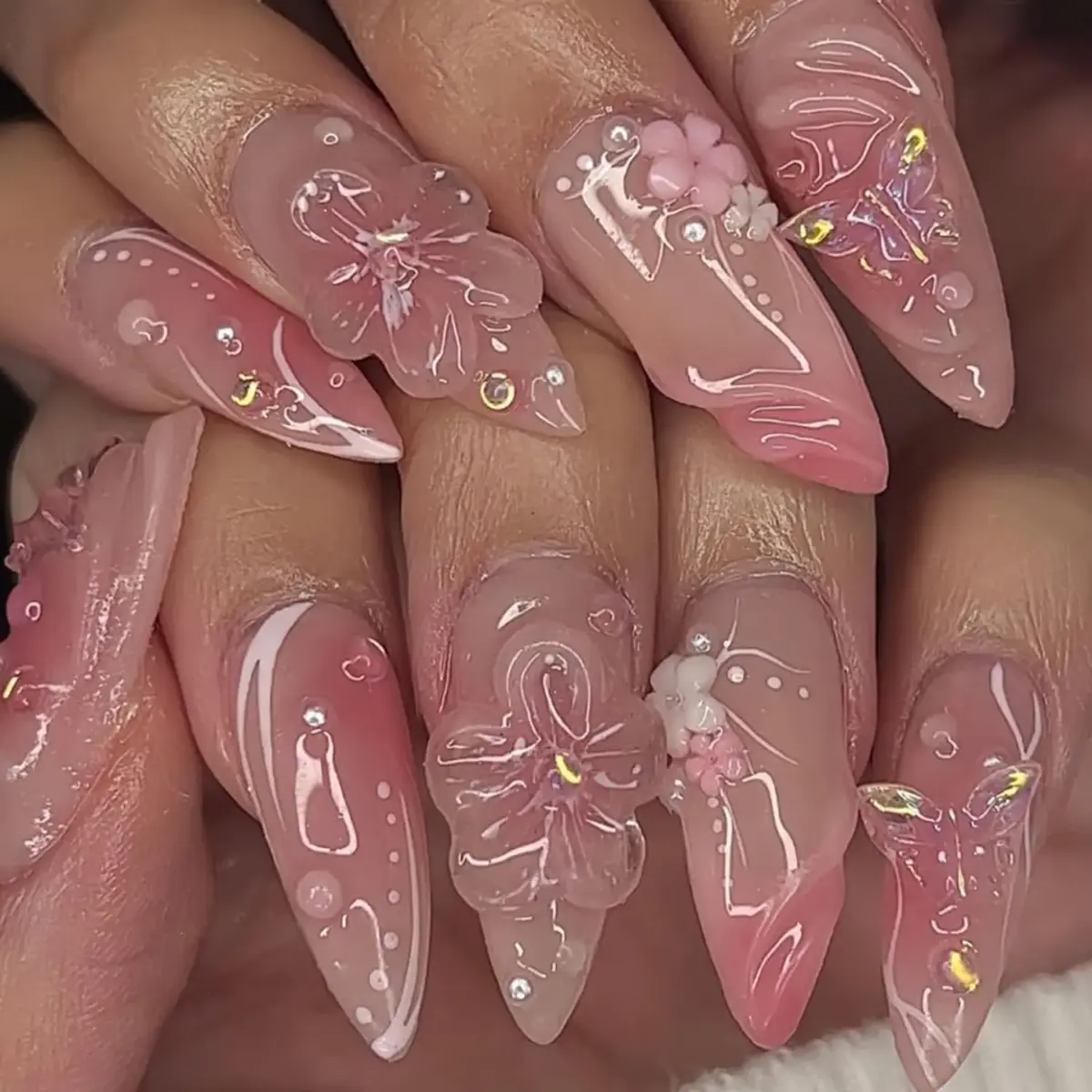 10PCS ✨ Rosé Allure – Luxury Stiletto Press-On Nails | Handmade Pink Floral 3D Embellished Long Reusable Acrylic Tips ✨ - Image 3