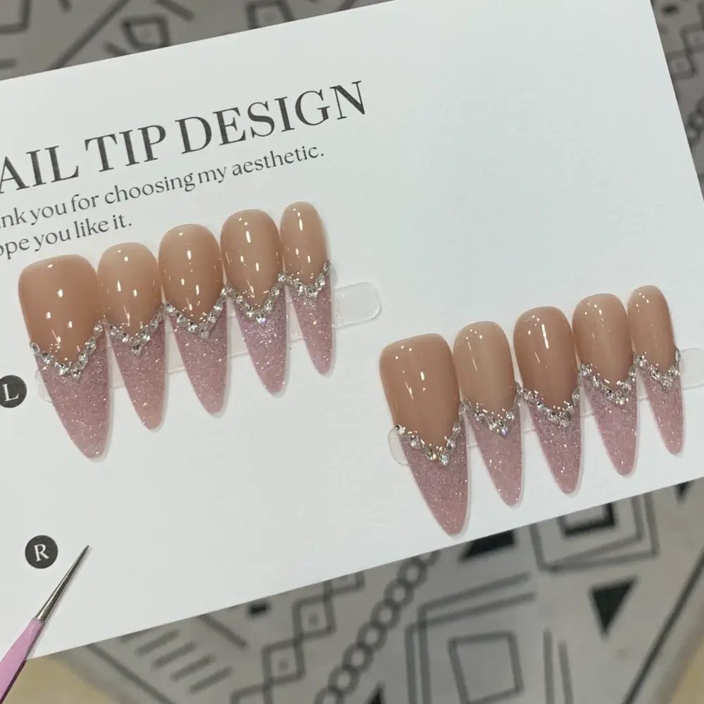 10Pcs✨ Crystal Veil – Luxury Almond Press-On Nails | Handmade Nude Cat-Eye with Silver Rhinestone Accents, Reusable Elegant Set ✨ - Image 3