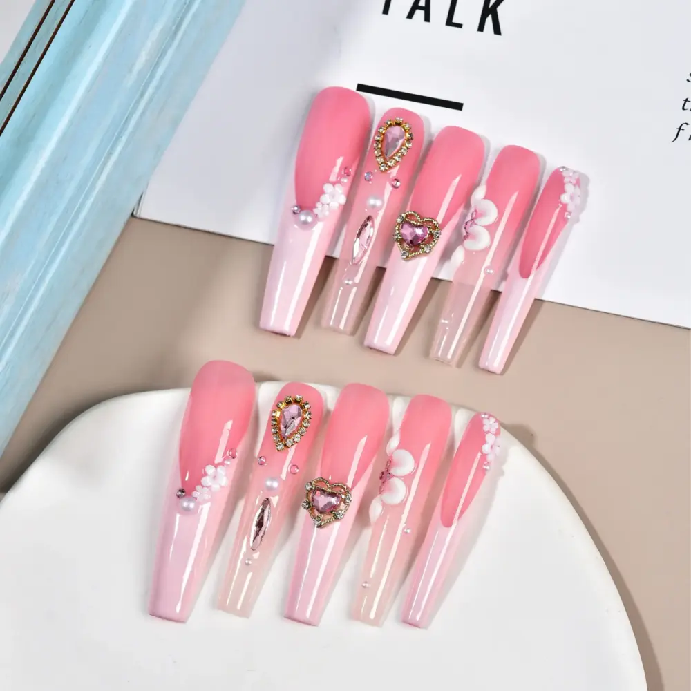 10Pcs ✨ Pink Stardust – Luxury Coffin Press-On Nails | Handmade Long Glitter Pink with Rhinestone & Bow Accents, Reusable Party Set ✨ - Image 3
