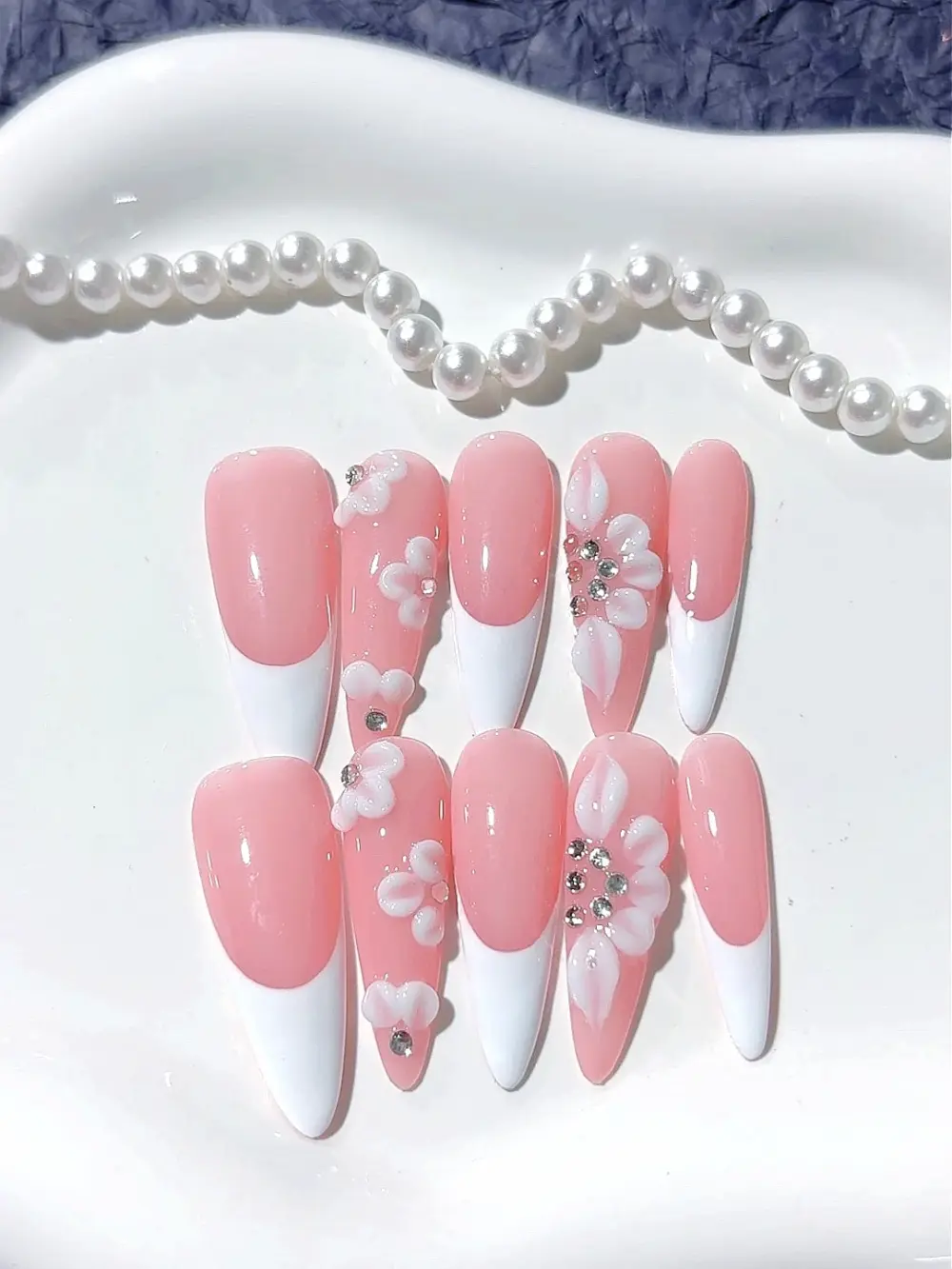 10pcs ✨ Blush Fleur – Luxury French Press-On Nails | Handmade Pink with White Tips & 3D Floral Accents, Elegant Reusable Set ✨ - Image 4