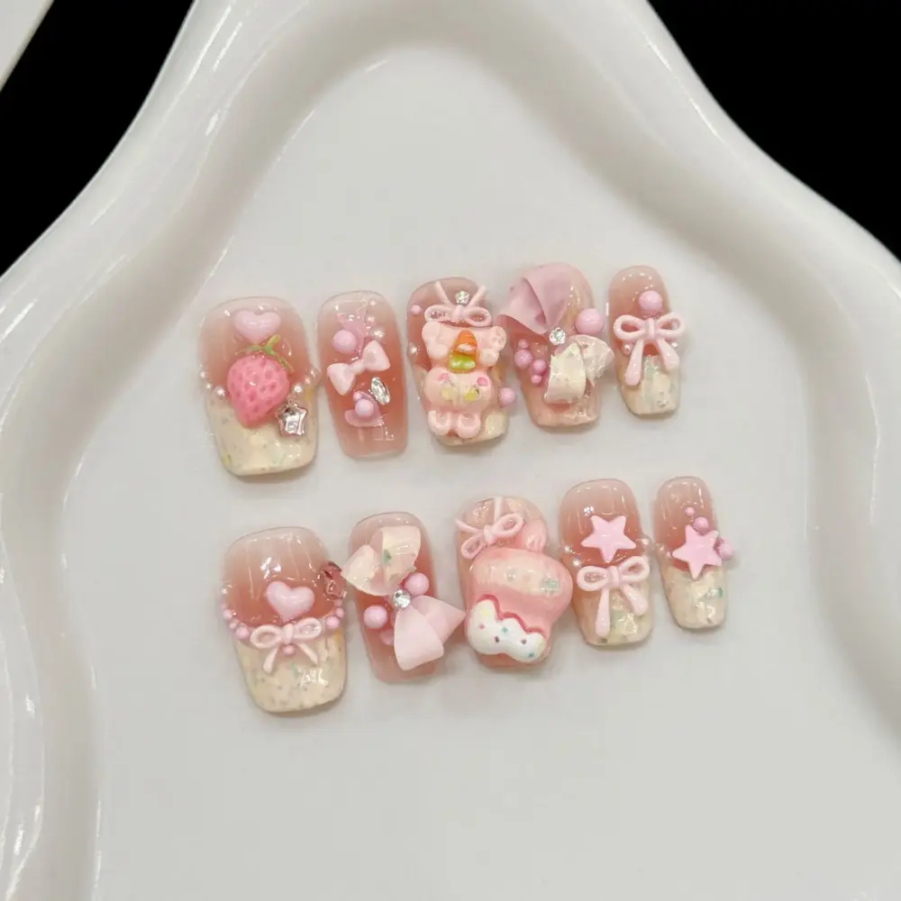 10pcs🍓 Sweet Bunny Dream – 10pcs Handmade Pink Press-On Nails | 3D Strawberry, Bows & Cute Rabbit Korean Nail Art 🐇✨ - Image 2