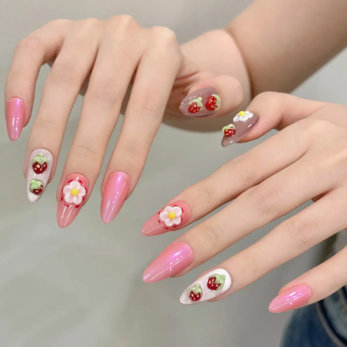 10pcs Strawberry Bloom – Almond Pink Aurora 3D Press‑On Gel Nails – Luxury Reusable Nail Set | Nails Luxe - Image 3