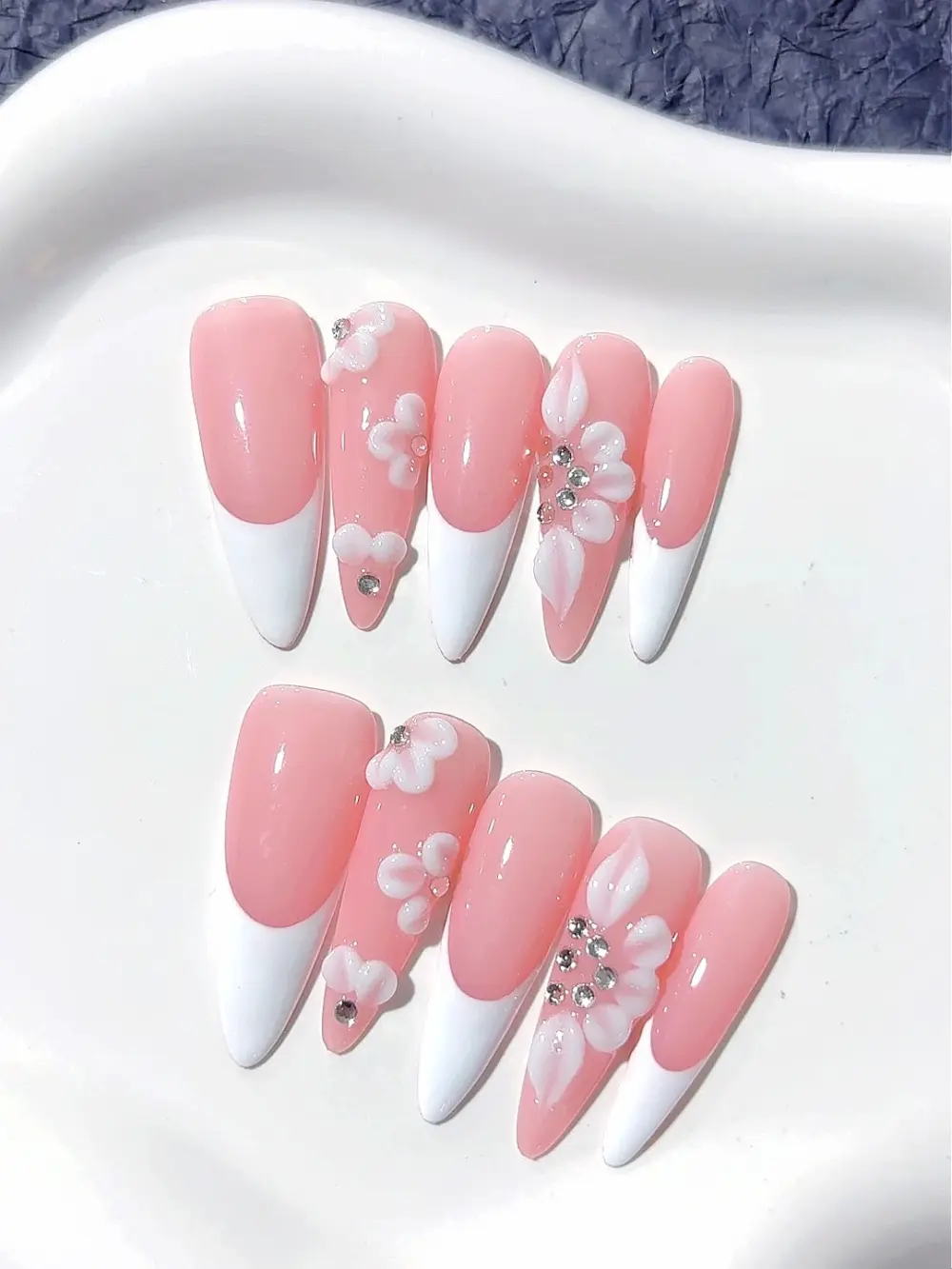10pcs ✨ Blush Fleur – Luxury French Press-On Nails | Handmade Pink with White Tips & 3D Floral Accents, Elegant Reusable Set ✨ - Image 3
