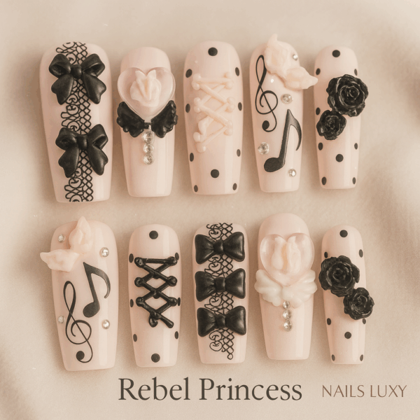 10Pcs ✨ Rebel Princess – Luxury Y2K Press-On Nails | Handmade Long Square Punk Gothic Set with Chains, Bows & Diamond Accents, Reusable ✨