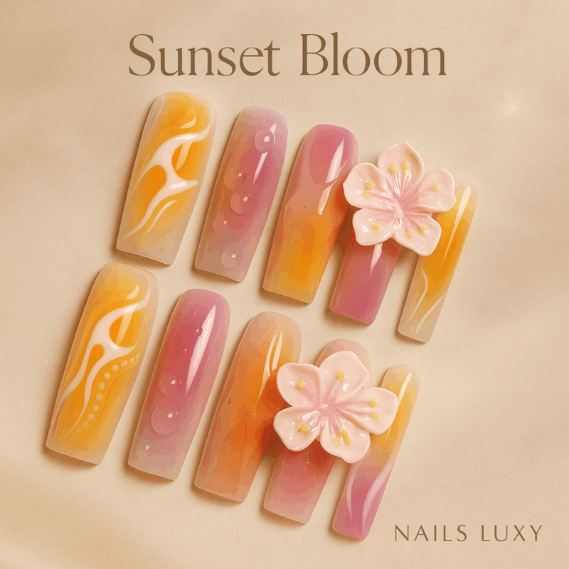 10pcs✨ Sunset Bloom – Luxury Coffin Press-On Nails | Handmade Gradient Pink & Yellow with 3D Floral Accents, Long Reusable Acrylic Set ✨