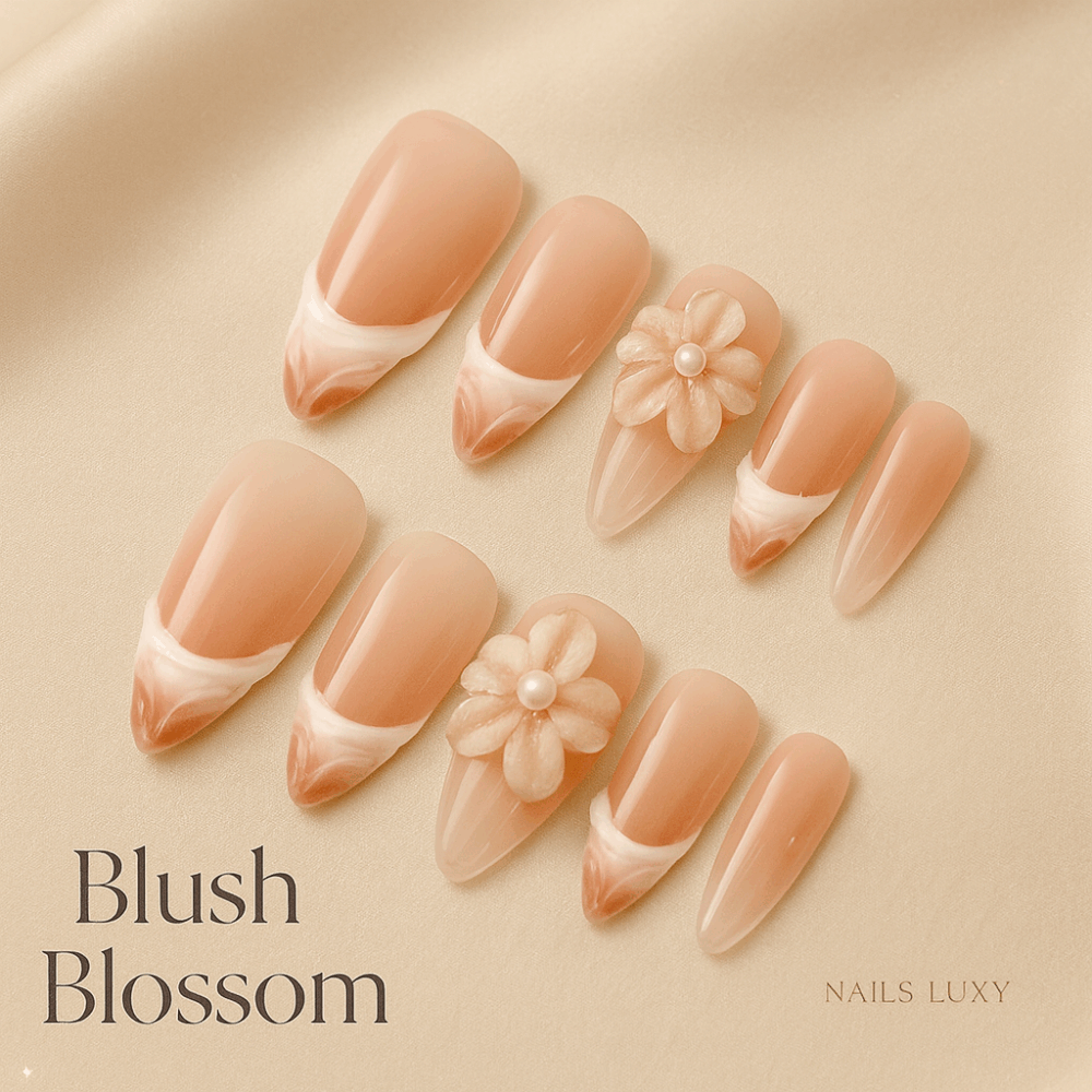 10pcs ✨ Blush Blossom – Luxury French Press-On Nails | Handmade Gradient Nude with 3D Carved Floral Accents, Elegant Reusable Set ✨ - Image 1