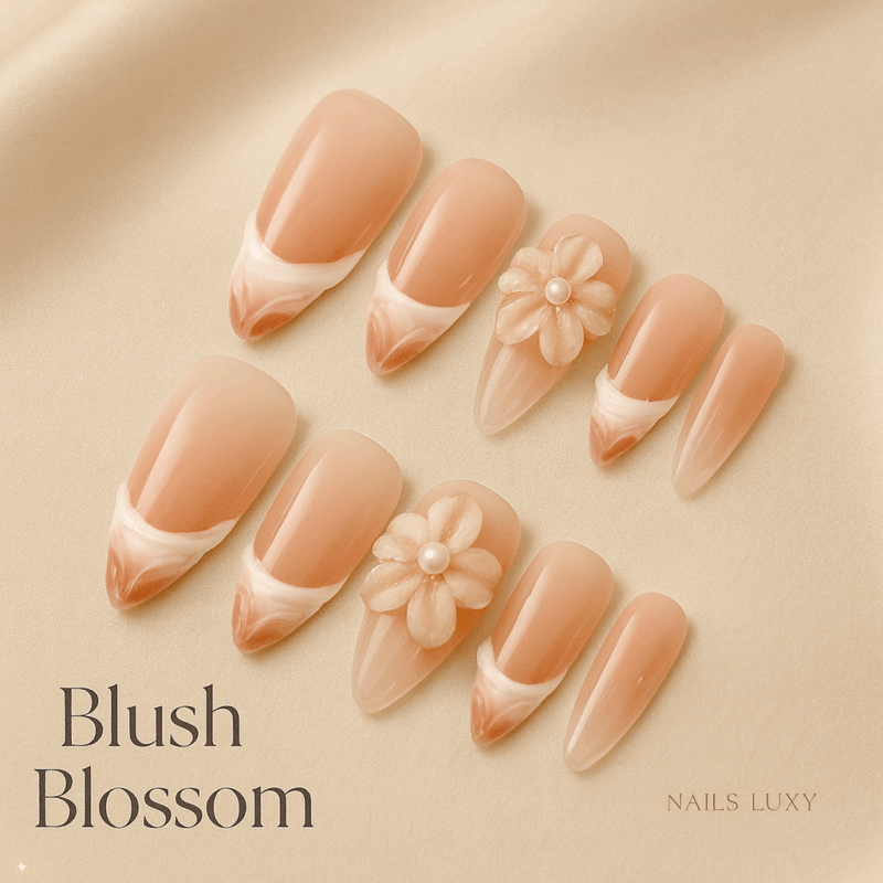 10pcs ✨ Blush Blossom – Luxury French Press-On Nails | Handmade Gradient Nude with 3D Carved Floral Accents, Elegant Reusable Set ✨