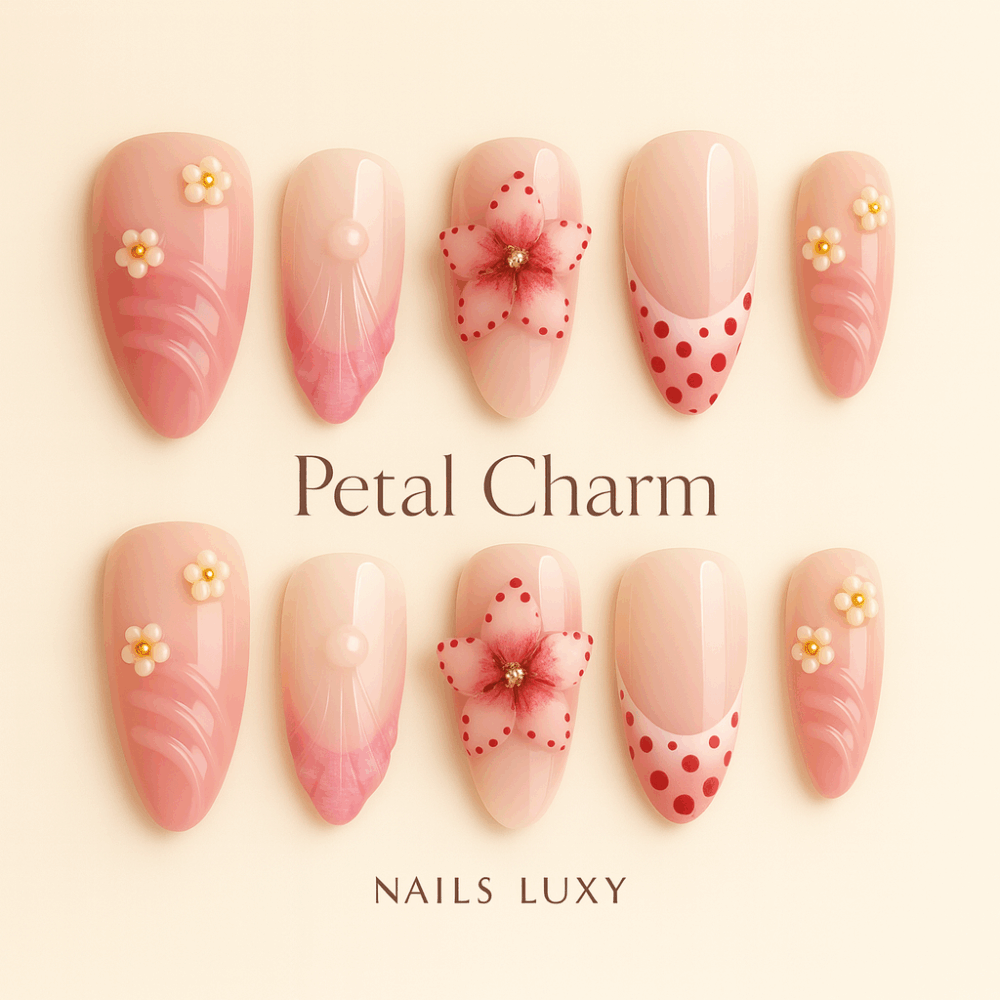 10pcs ✨ Petal Charm – Luxury Almond Press-On Nails | Handmade Pink Floral French Tips with Cherry Accents, Reusable Acrylic Set ✨ - Image 1