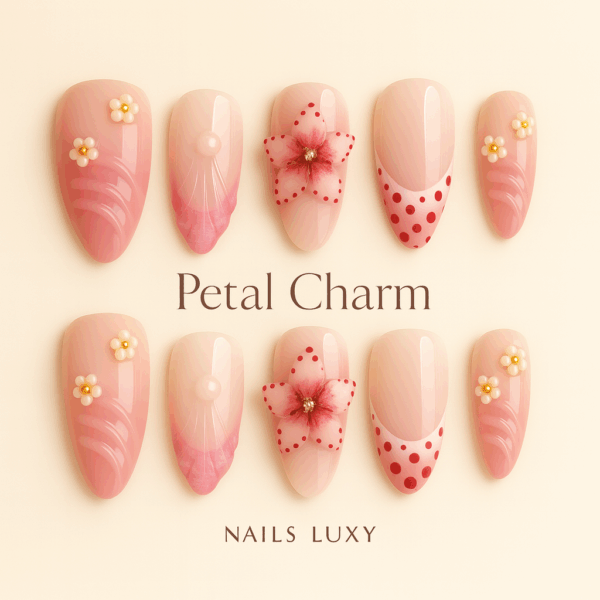 10pcs ✨ Petal Charm – Luxury Almond Press-On Nails | Handmade Pink Floral French Tips with Cherry Accents, Reusable Acrylic Set ✨