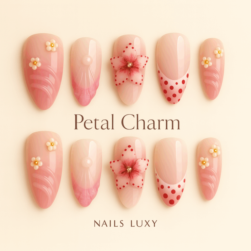 10pcs ✨ Petal Charm – Luxury Almond Press-On Nails | Handmade Pink Floral French Tips with Cherry Accents, Reusable Acrylic Set ✨