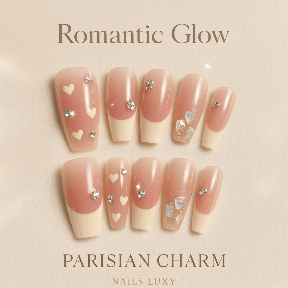 10pc ✨ Parisian Charm – Luxury French Press-On Nails | Handmade Long Ballet with Cute Bear & Diamond Accents, Reusable Full Cover Set ✨ - Image 1