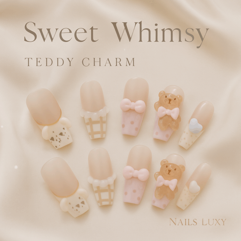 10pcs ✨ Teddy Charm – Luxury Press-On Nails | Handmade Nude French with 3D Bear, Plaid & Bow Accents, Cute Reusable Set ✨