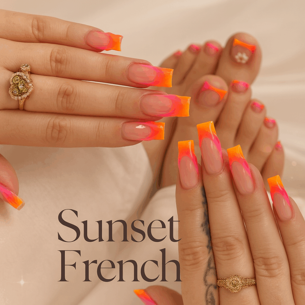10 pcs🔥 French Tip Neon Sunset – 48pcs Press-On Set Uñas Postizas | Rosa & Naranja Degradado con Decoración 3D 🌅💖 - Image 1