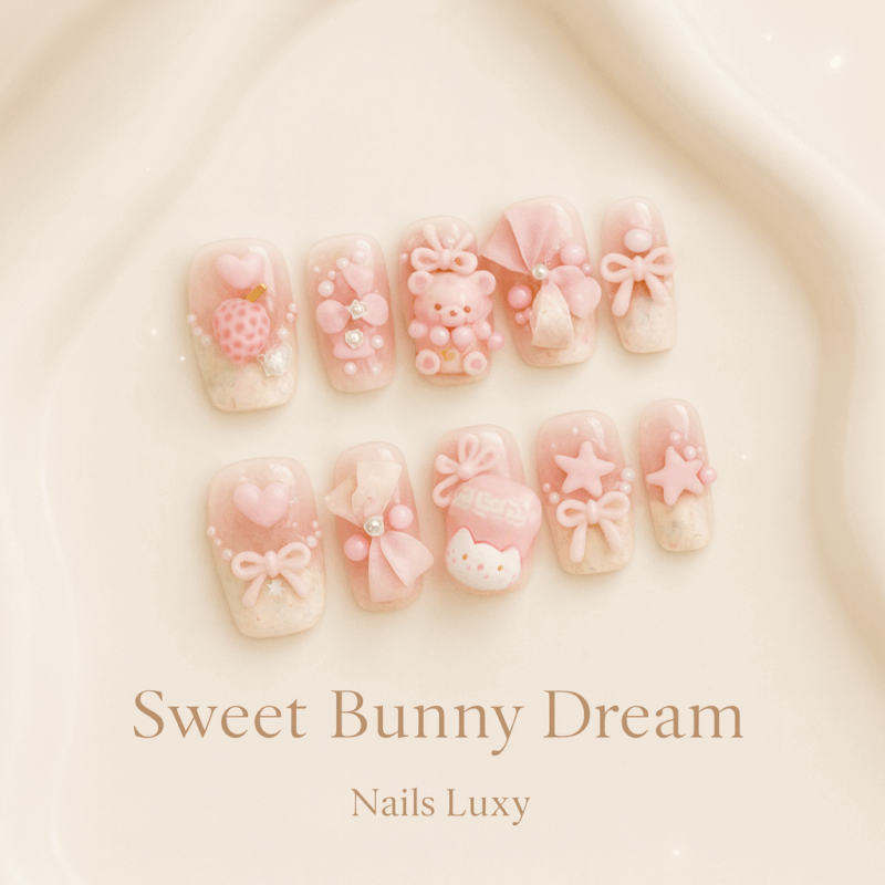 10pcs🍓 Sweet Bunny Dream – 10pcs Handmade Pink Press-On Nails | 3D Strawberry, Bows & Cute Rabbit Korean Nail Art 🐇✨