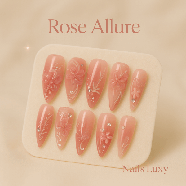 10PCS ✨ Rosé Allure – Luxury Stiletto Press-On Nails | Handmade Pink Floral 3D Embellished Long Reusable Acrylic Tips ✨