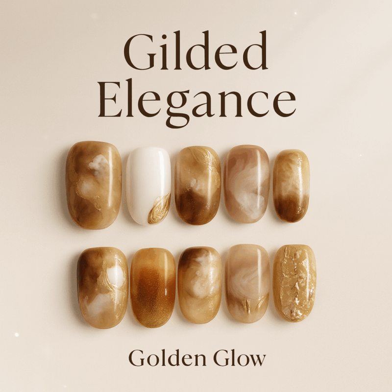 10Pcs✨ Golden Glow – Handmade Short Oval Press-On Nails | Cat Eye Effect, Gold Foil & Nude Gradient, Reusable Nail Art Set ✨