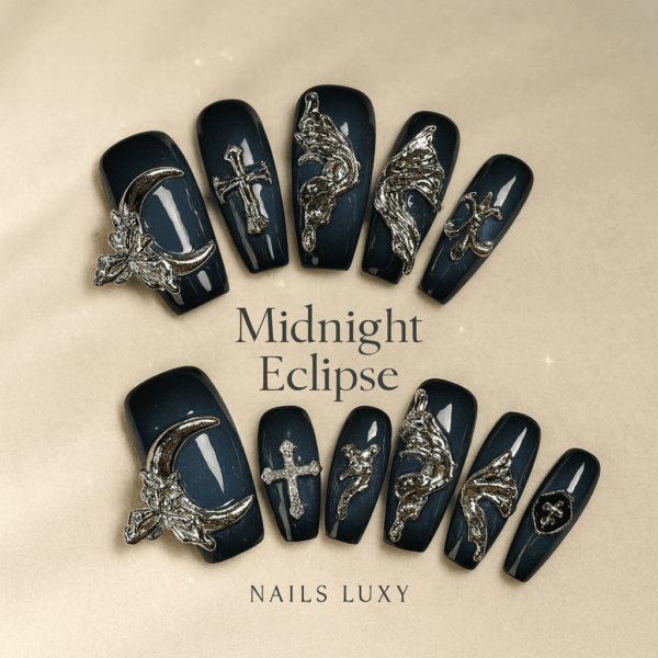 10pcs ✨ Midnight Eclipse – Luxury Gothic Press-On Nails | Handmade Black Cat-Eye with 3D Metal Moon, Cross & Butterfly Accents, Reusable Set ✨