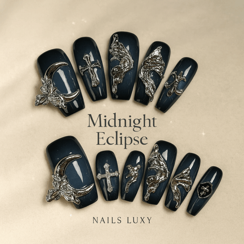 10pcs ✨ Midnight Eclipse – Luxury Gothic Press-On Nails | Handmade Black Cat-Eye with 3D Metal Moon, Cross & Butterfly Accents, Reusable Set ✨